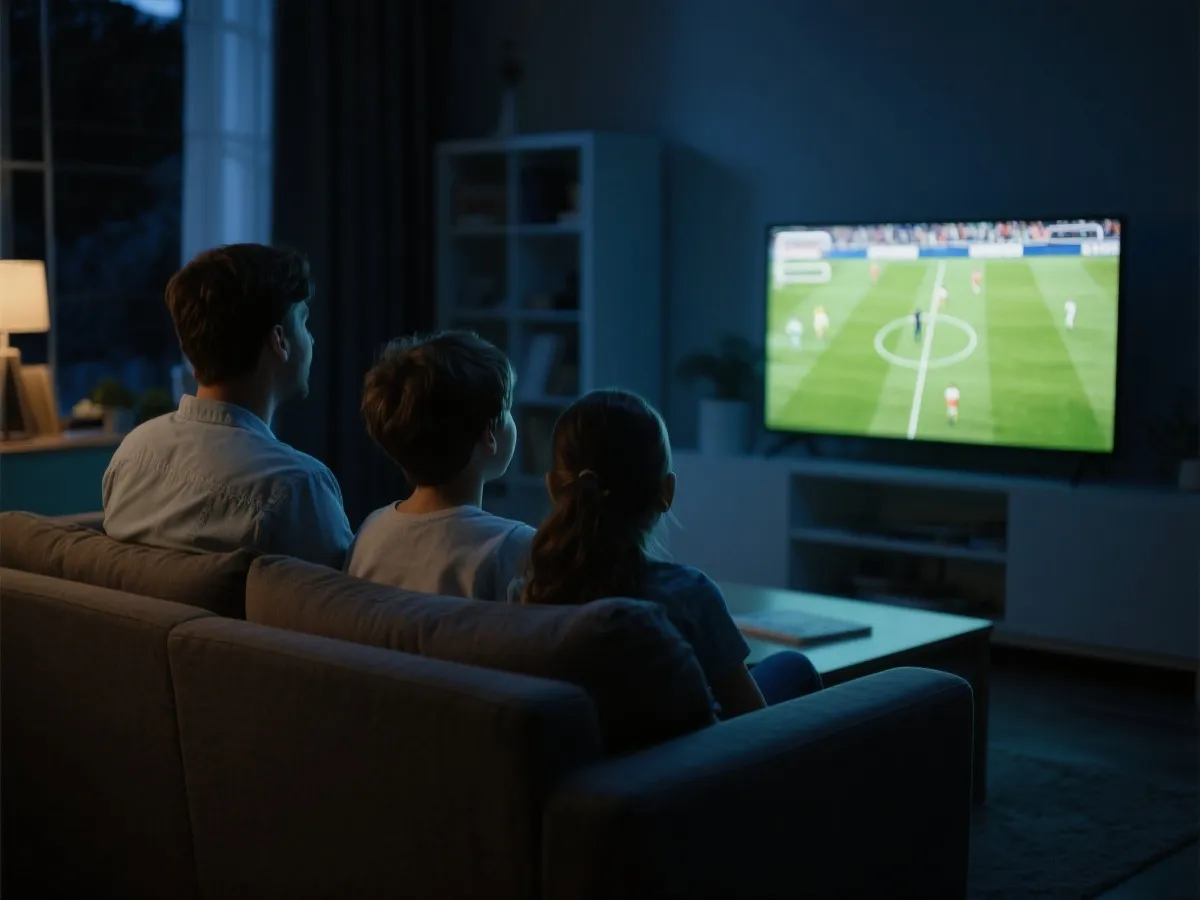家中以電視觀看足球賽事的情境圖