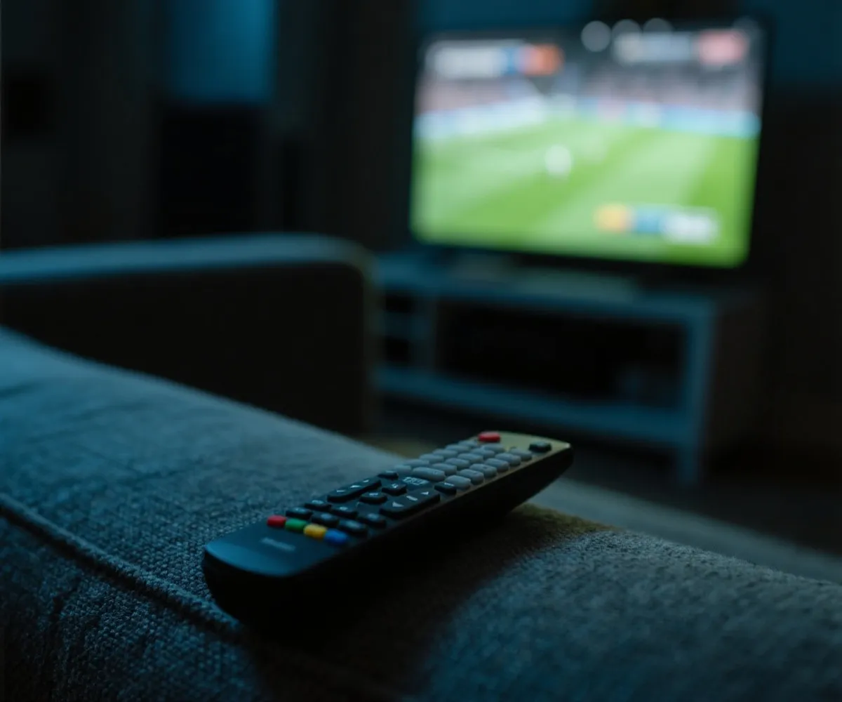電視遙控器與賽事畫面情境圖